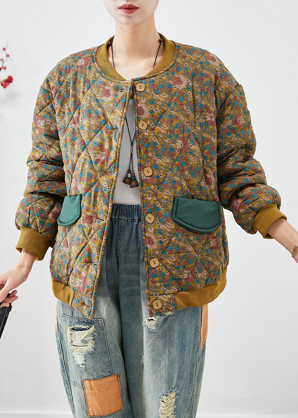 Yellow Oversized Print Fine Cotton Filled Winter Coats Winter