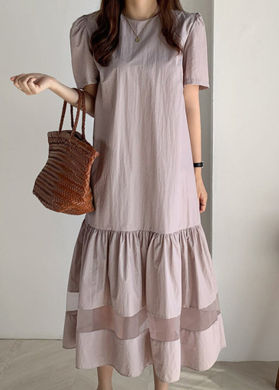 Classy Champagne O-neck Wrinkled Tulle Patchwork Maxi Dress Short Sleeve