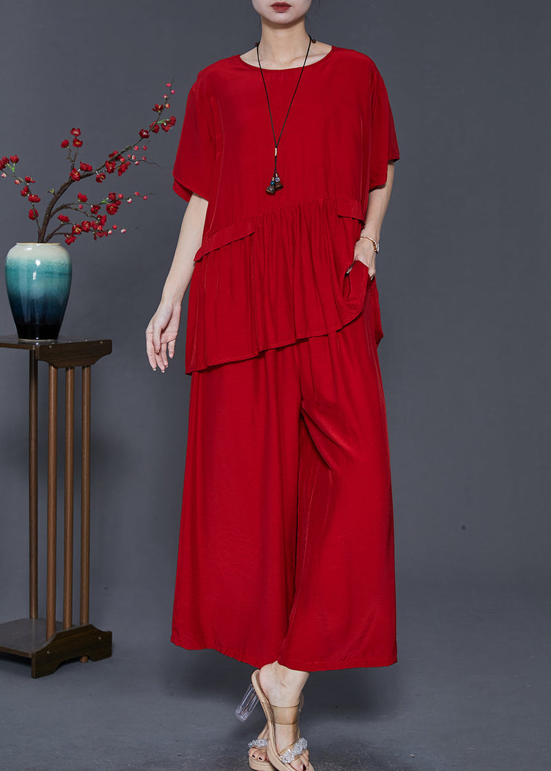 Modern Red Oversized Patchwork Cotton Sets 2 Pieces Summer