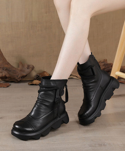 Platform Boots Black Cowhide Leather Ankle Boots