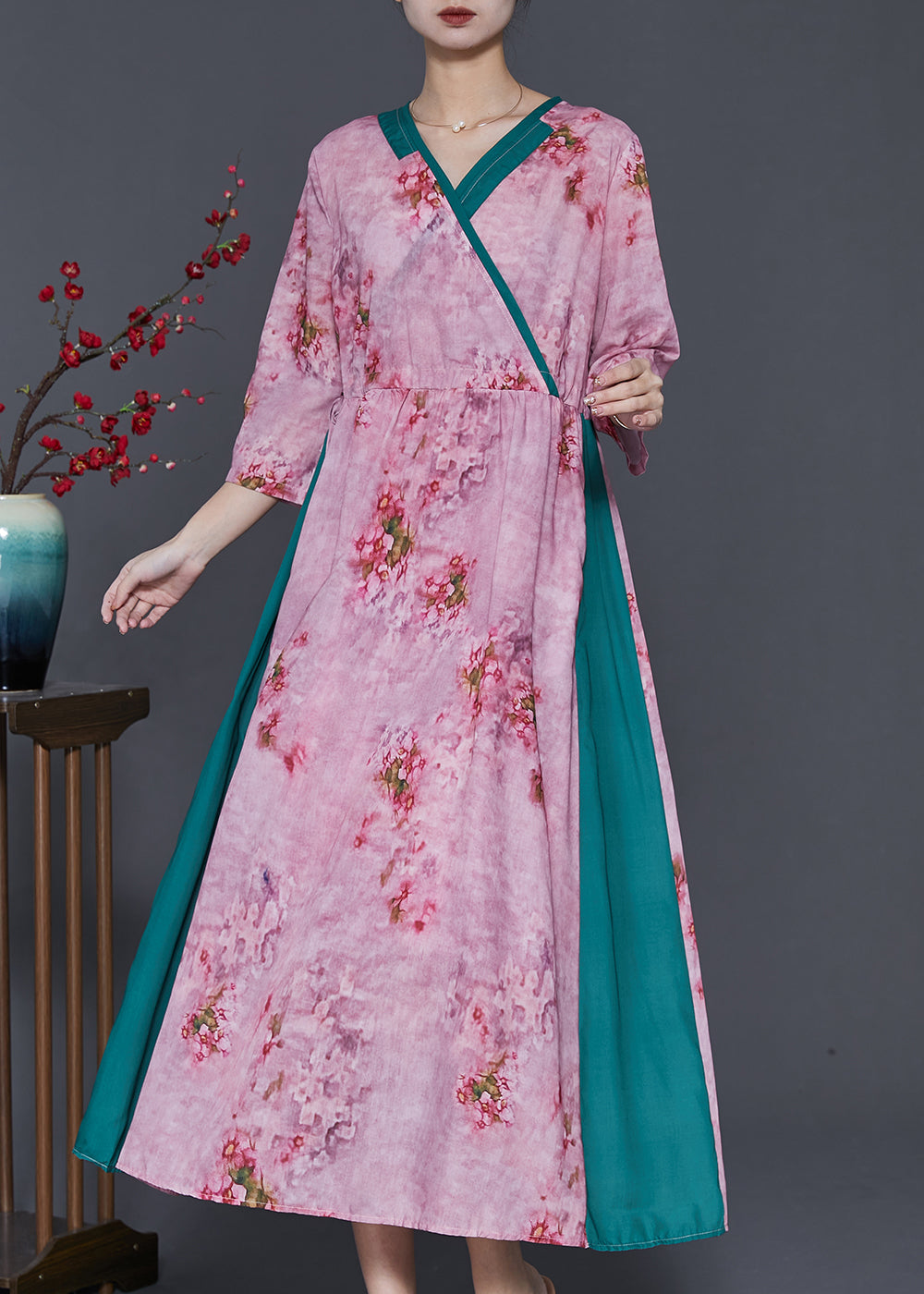 Classy Purple Print Patchwork Linen a Line Dress Spring
