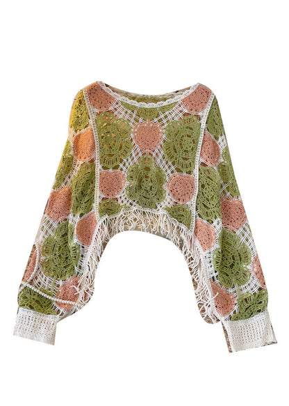 Green O-neck Tassel Hollow Out Patchwork Knit Shirt Fall