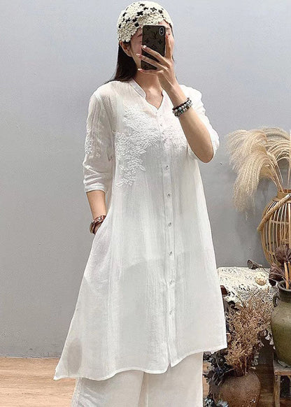 Fitted White Stand Collar Embroideried Linen Long Shirts Three Quarter Sleeve