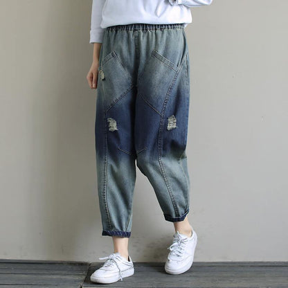 Spring Pants Stylish Denim Dark Blue Shape Elastic Waist Hole Wild Pants