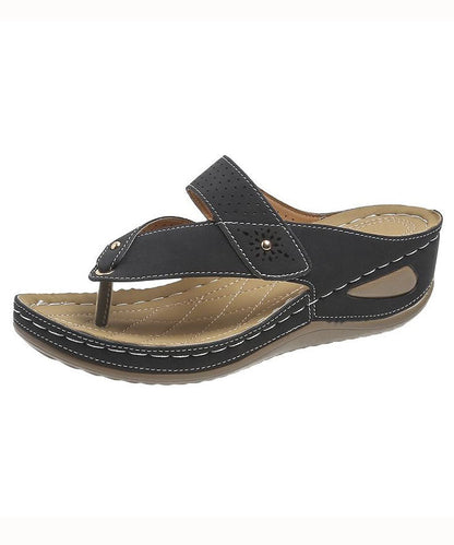 Unique Black Splicing Wedge Thong Sandals Faux Leather
