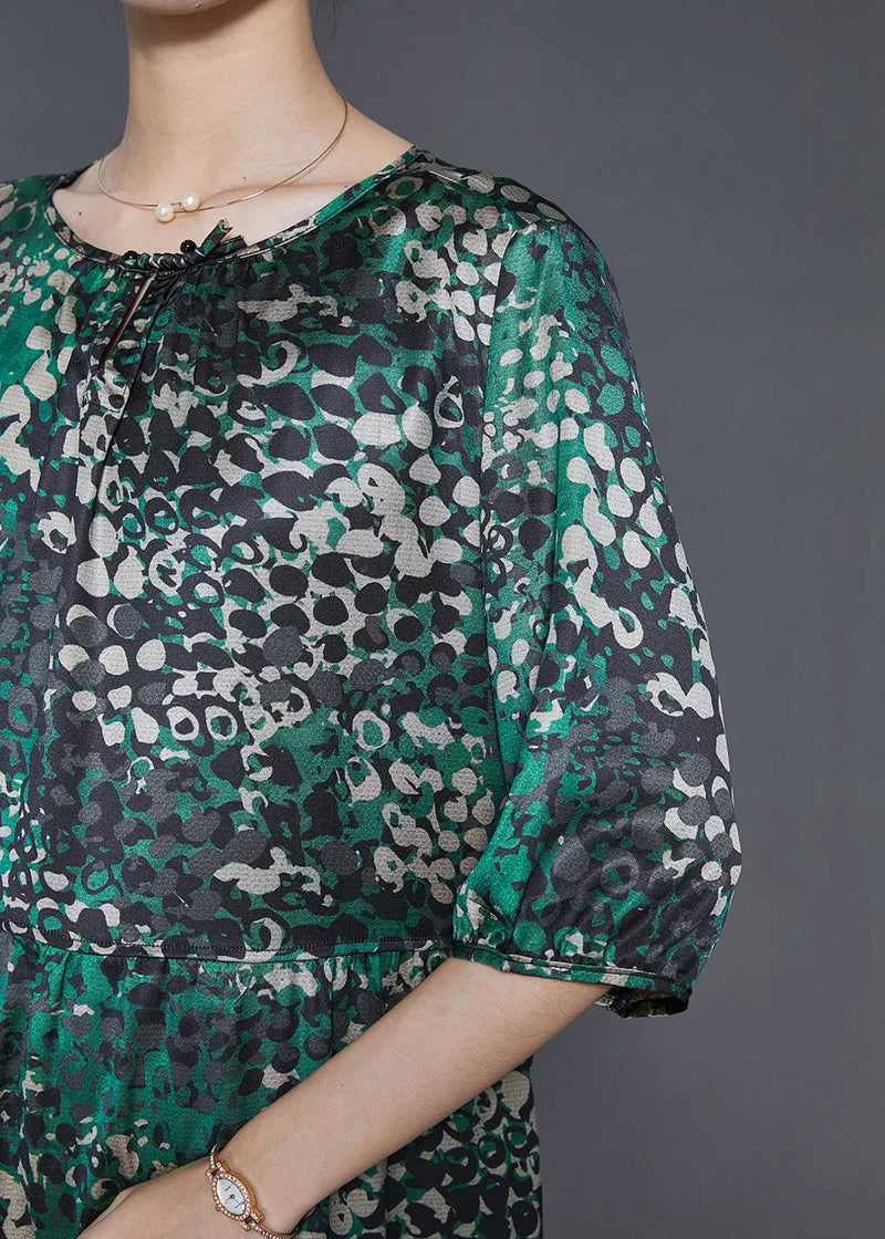 Green Print Tie Waist Silk Dress Summer