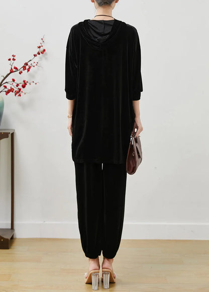 Fine Black Hooded Print Silk Velvet Two Pieces Set Spring