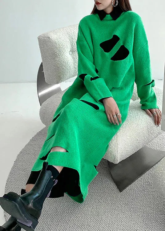 Novelty Green O-neck Cozy Knit Sweater Dress Spring