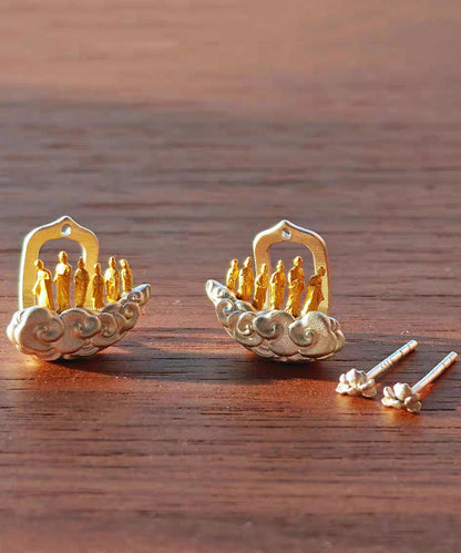 Gold Sterling Silver Overgild Auspicious Clouds Lotus Six Buddhas Stud Earrings