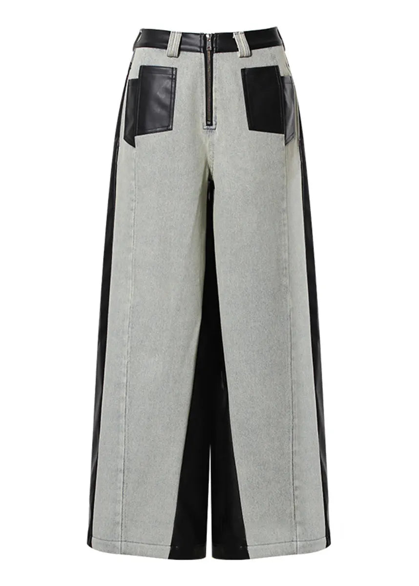 Pockets Faux Leather Patchwork Denim Wide Leg Pants Fall