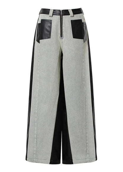 Pockets Faux Leather Patchwork Denim Wide Leg Pants Fall