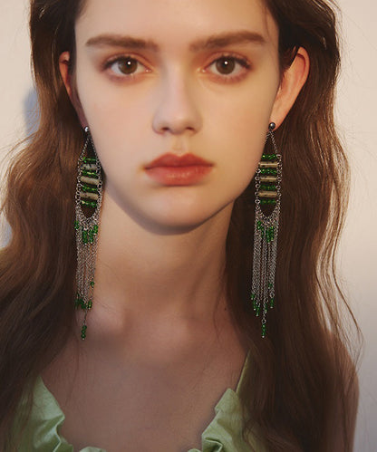 Stylish Green Gem Stone Tassels Exaggeration Silver Plated Drop Earrings