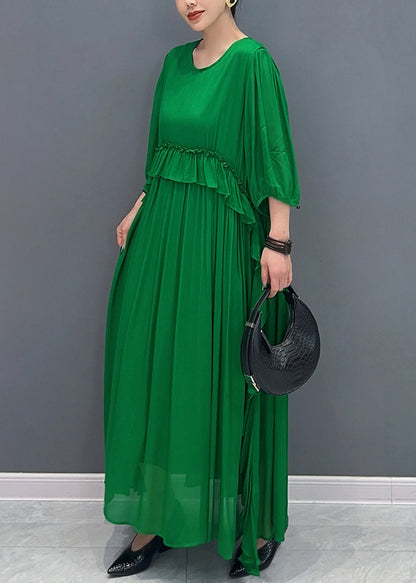 Handmade Green O-neck Ruffled Wrinkled Vacation Chiffon Maxi Dresses Lantern Sleeve