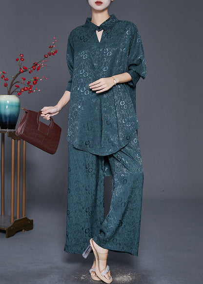 Blackish Green Peter Pan Collar Jacquard Silk Two Pieces Set Fall