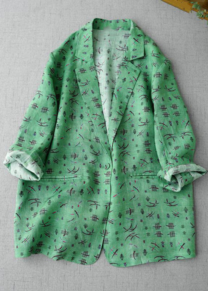 Green Notched Print Coats Long Sleeve Spring