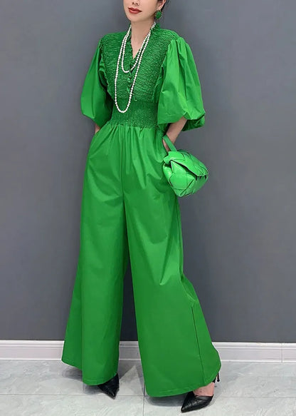 Green V Neck Wrinkled Elastic Waist Jumpsuit Summer