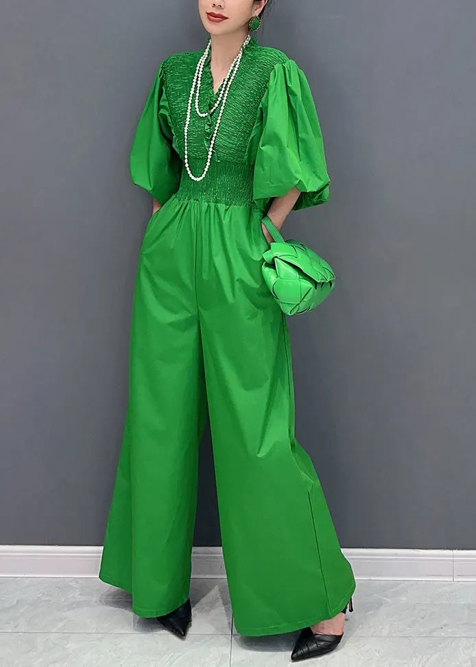 Green V Neck Wrinkled Elastic Waist Jumpsuit Summer