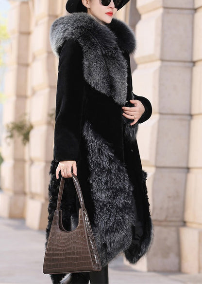 New Black Fox Collar Pockets Patchwork Leather and Fur Coats Winter