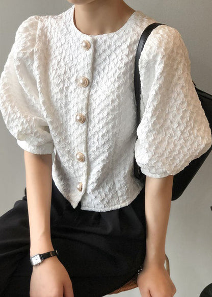 White O Neck Button Cotton Shirt Top Summer