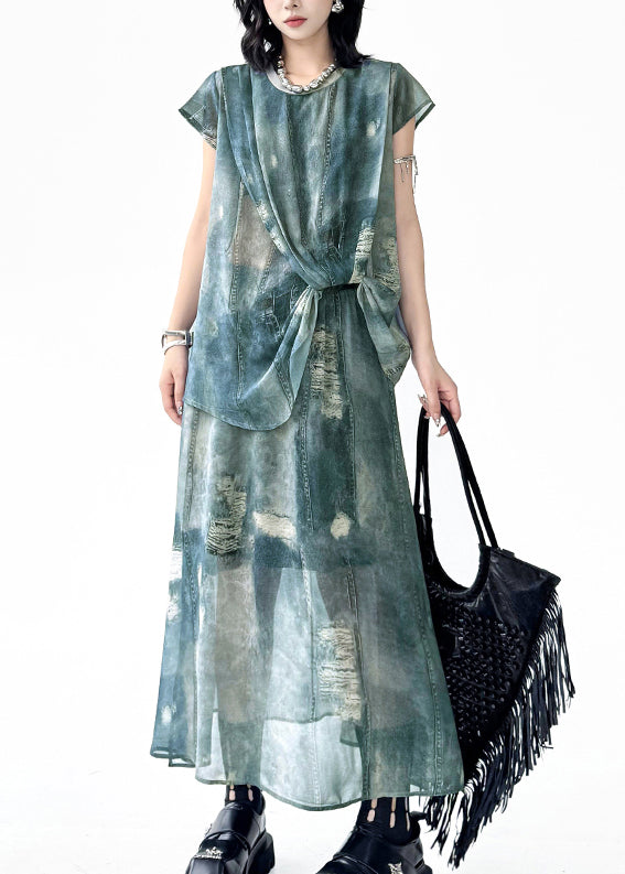 Blue O Neck Ripped Denim Print Two Pieces Set Summer