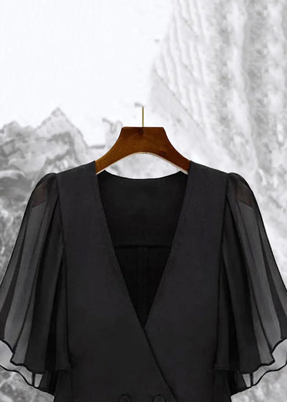 New Black V Neck Button Chiffon Patchwork Coat Butterfly Sleeve