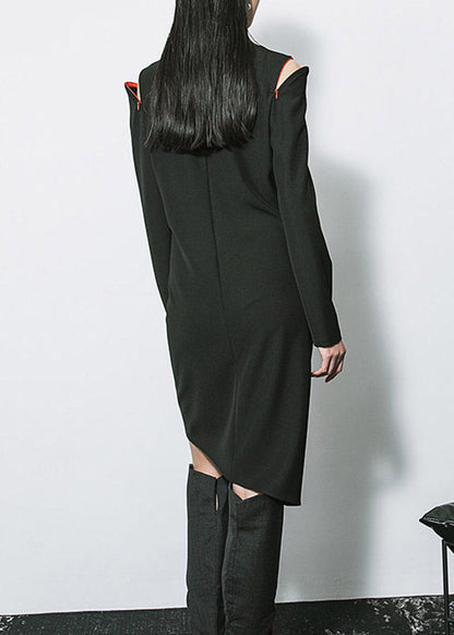 Black O-neck Asymmetrical Patchwork Long Dresses Long Sleeve