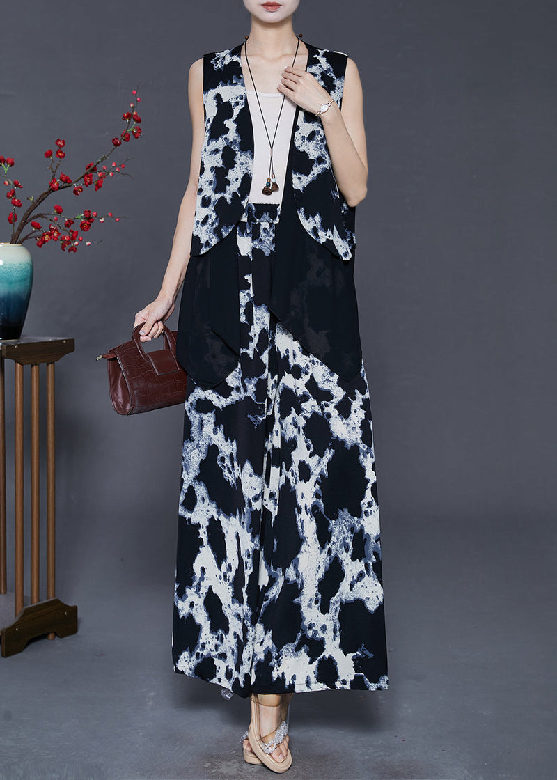 Boutique Black Print Patchwork Chiffon Two Piece Suit Set Summer