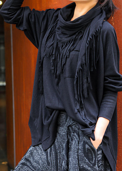 Black O-neck Tasseled Asymmetrical Design Spring Tops Long Sleeve