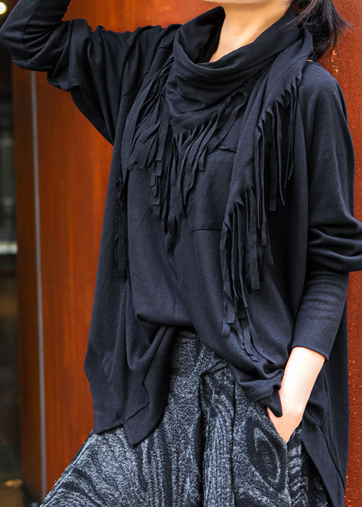 Black O-neck Tasseled Asymmetrical Design Spring Tops Long Sleeve