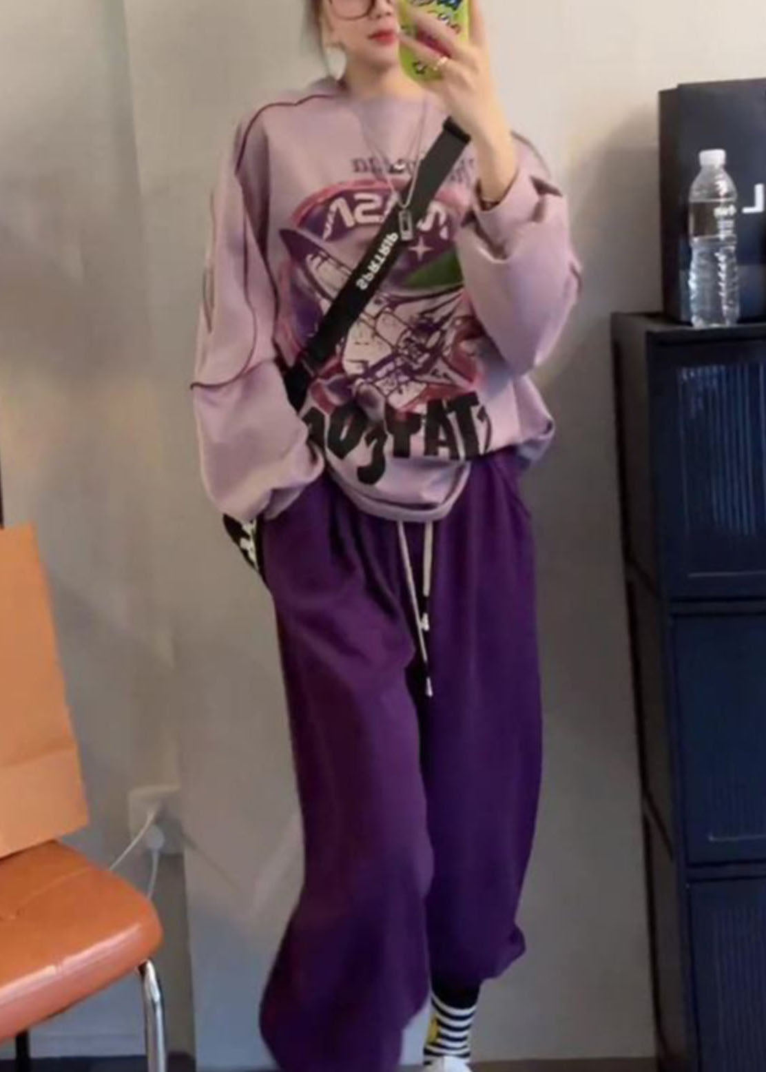 Purple O-neck Print Pullover and Beam Pants Two Piece Set Fall
