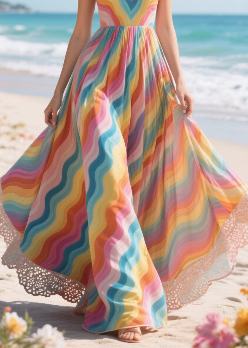 Rainbow Patchwork Exra Large Hem Chiffon Vacation Dress Summer