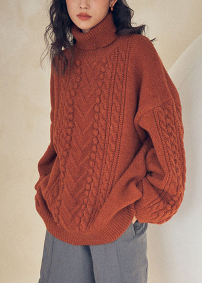 Caramel Turtleneck Patchwork Cable Knit Sweaters Top Fall