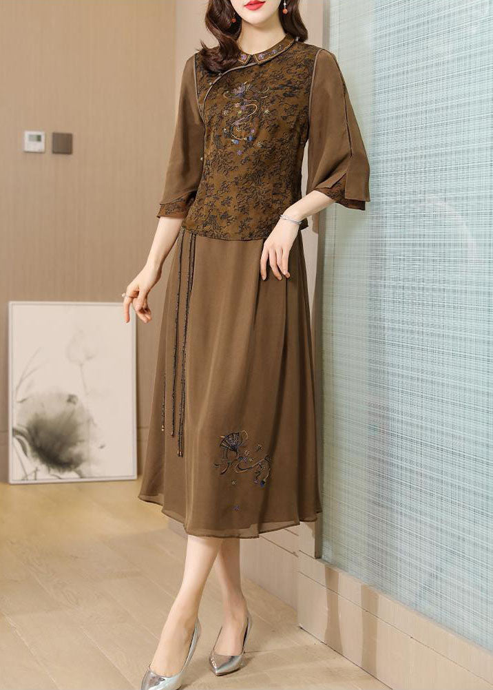 Coffee Peter Pan Collar Embroideried Silk Two Piece Set Summer