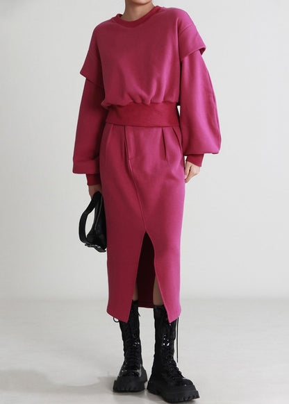 Rose O Neck Side Open Cotton Two Pieces Set Long Sleeve
