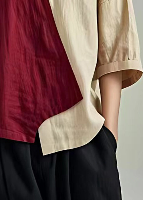 Wine Red V Neck Asymmetrical Linen Top Batwing Sleeve
