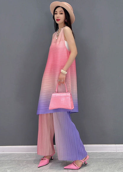 Pink Gradient Color O-neck Wrinkled Linen Two Pieces Set Sleeveless