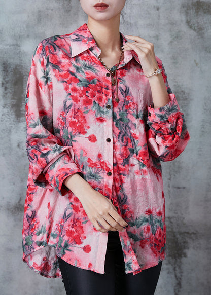 Red Plum Blossom Print Cotton Shirt Top Spring
