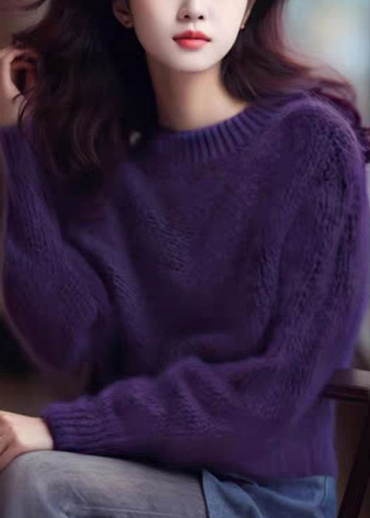 Simple Purple Cozy Cotton Knit Top Long Sleeve