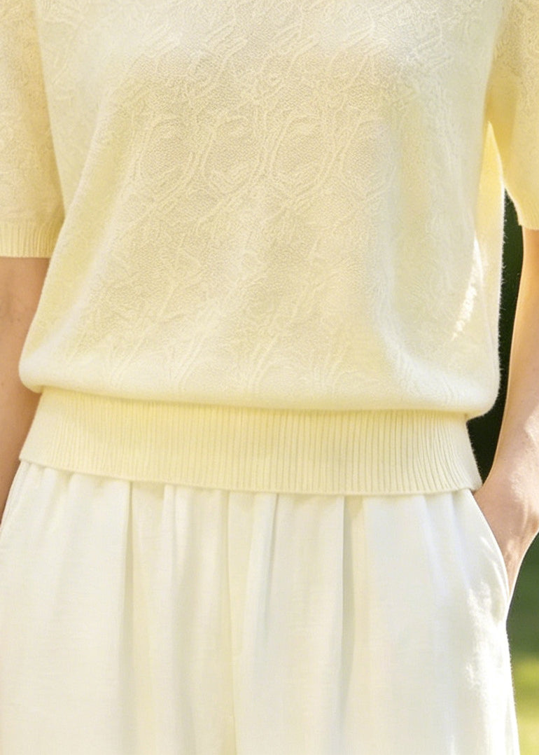 Boutique Beige Jacquard Handmade Knit Shirt Top Summer