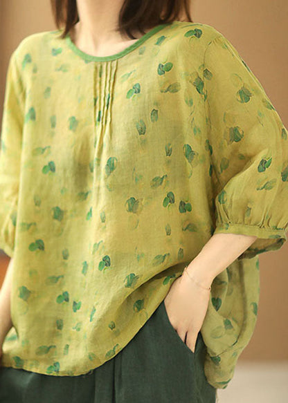 Handmade Green O-neck Wrinkled Tie Dye Print Linen Blouse Tops Bracelet Sleeve