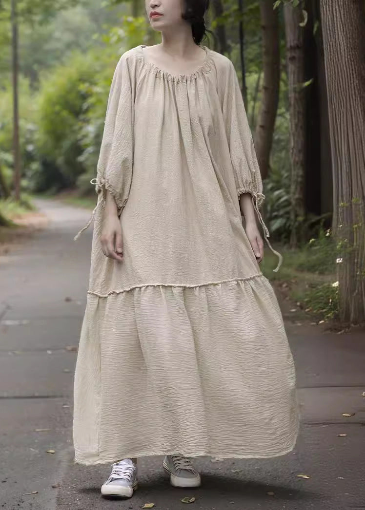 Beige O-neck Drawstring Patchwork Maxi Dress Bracelet Sleeve