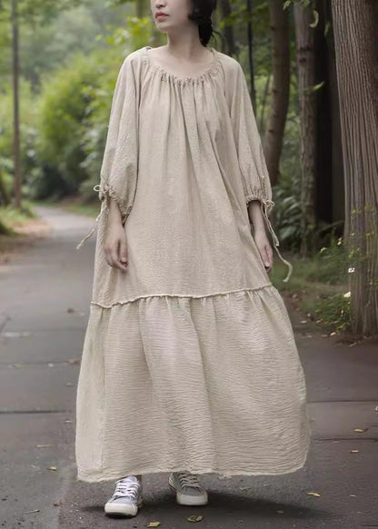 Beige O-neck Drawstring Patchwork Maxi Dress Bracelet Sleeve