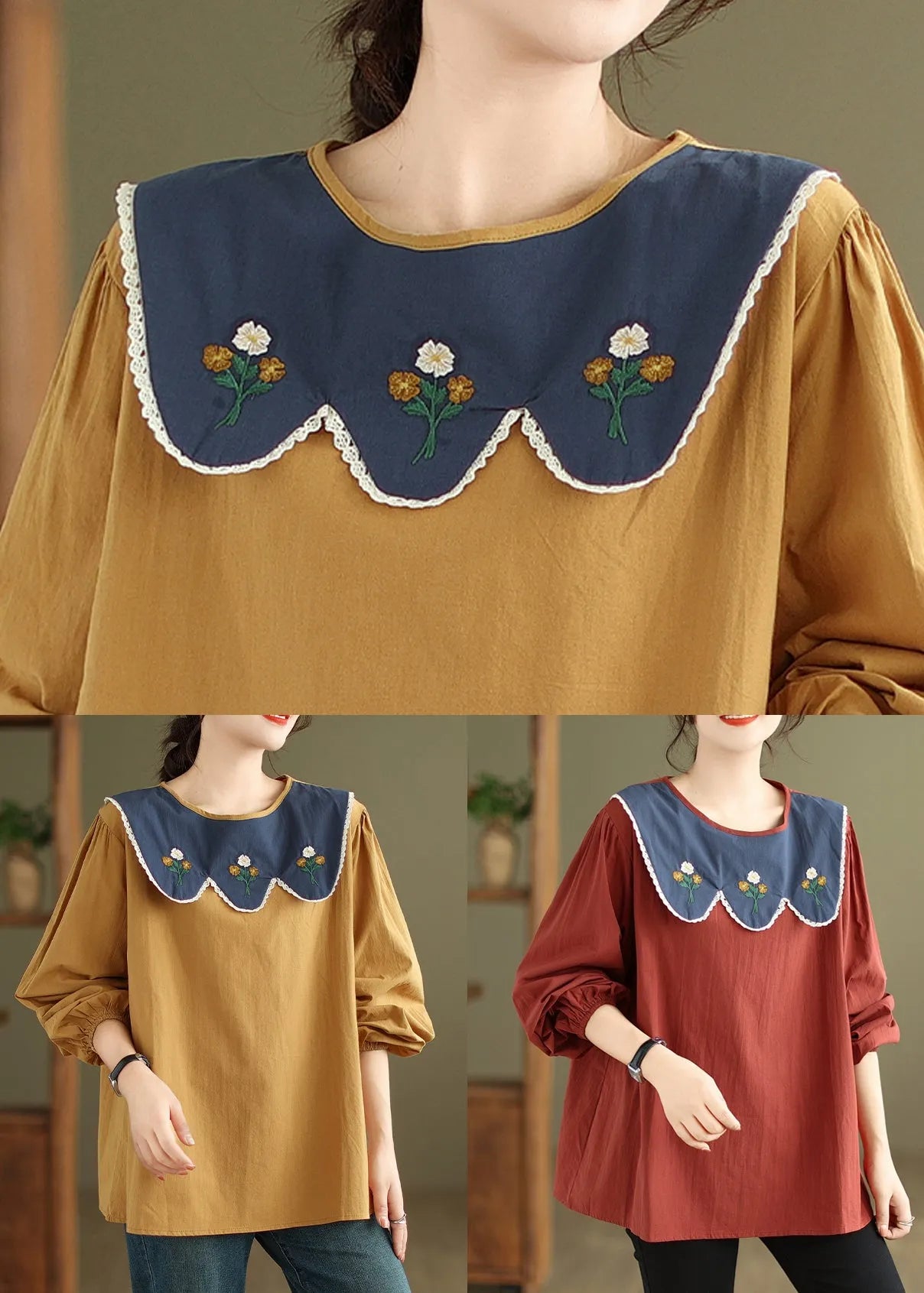 Rust Embroideried Patchwork Cotton Top Fall