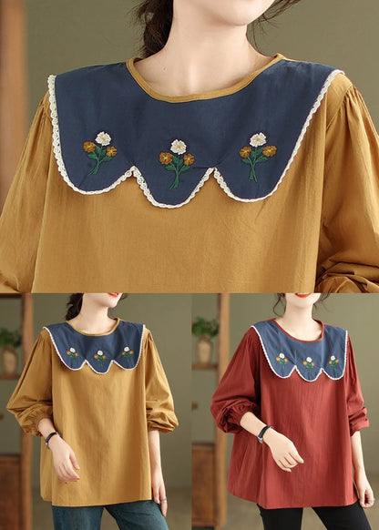 Rust Embroideried Patchwork Cotton Top Fall