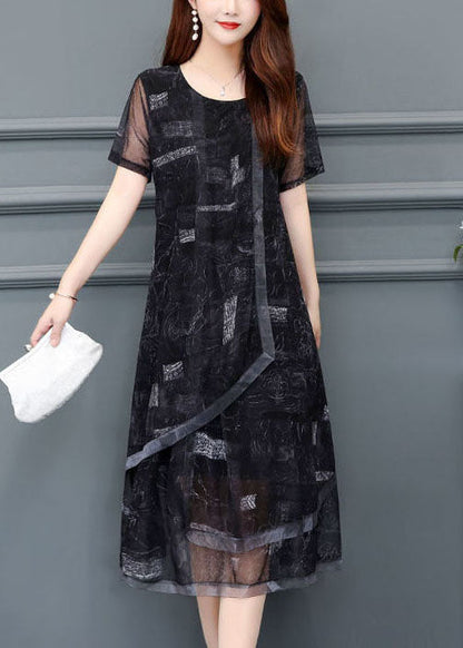 Black O-neck Print Chiffon Holiday Dress Summer