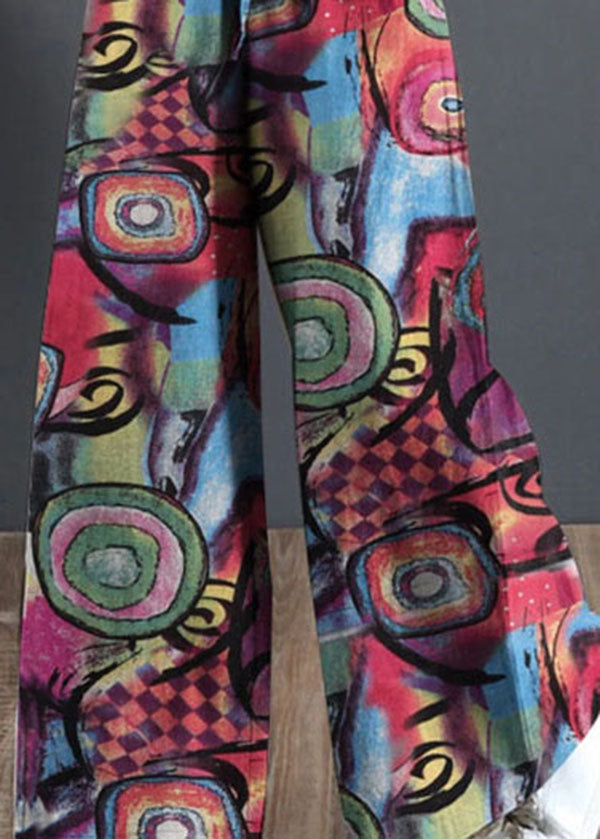 Red Elastic Waist Pockets Print Cotton Wide Leg Pants Summer