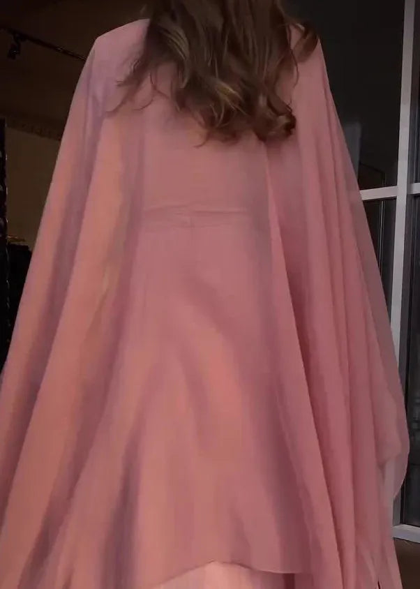 Spring New Pink Pleated Long Sleeved Dress Shawl Set