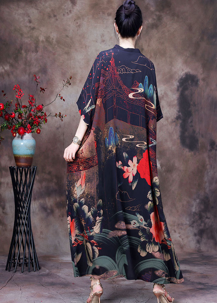 Chocolate Stand Collar Button Print Silk Holiday Dress Batwing Sleeve
