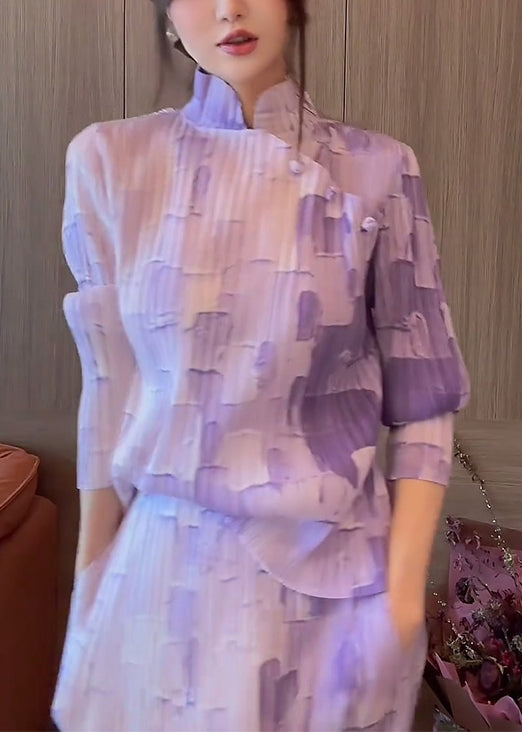 French Purple Stand Collar Button Pockets Cotton Two Piece Set Spring