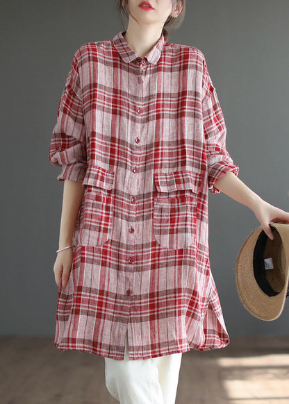 Red Plaid Peter Pan Collar Linen Blouses Spring